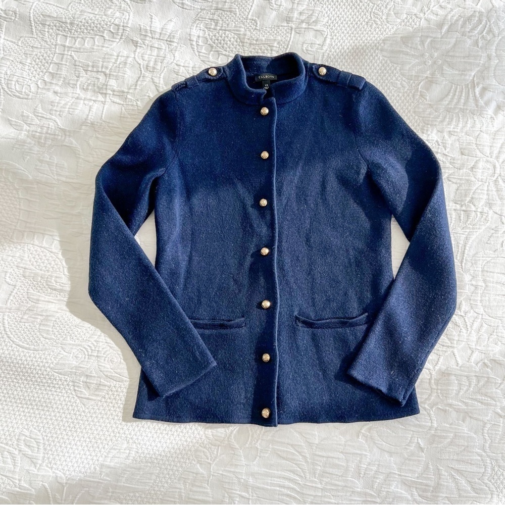 Talbots Navy Sweater Blazer with Gold Buttons Front Square Pockets Size XS